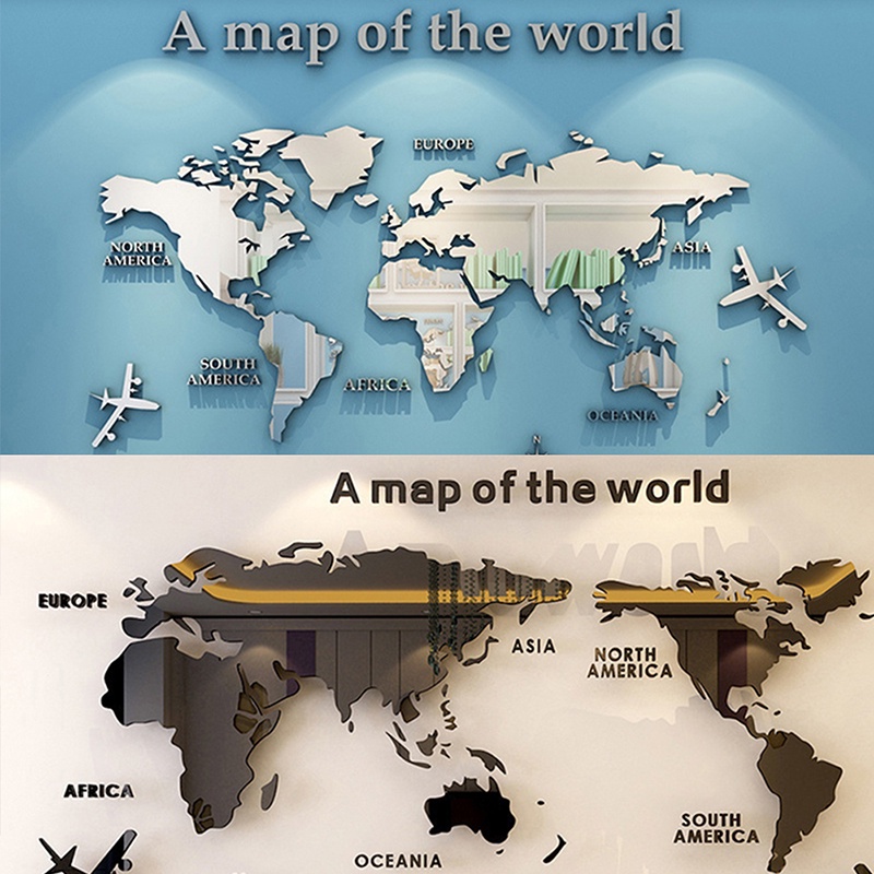 HOT World Map Wall 3D Acrylic Wall Stickers Three-dimensional Mirror ...