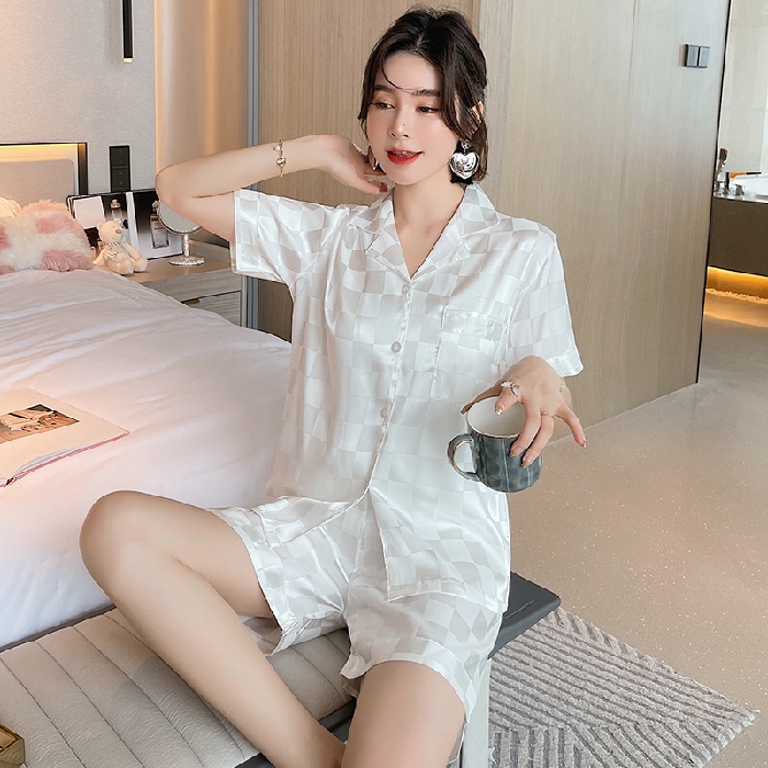 Silk Pyjamas Women Short Sleeve Shorts Pajama Set Stripe Baju Tidur Wanita Satin Korean Plaid Sleepwear Shopee Malaysia