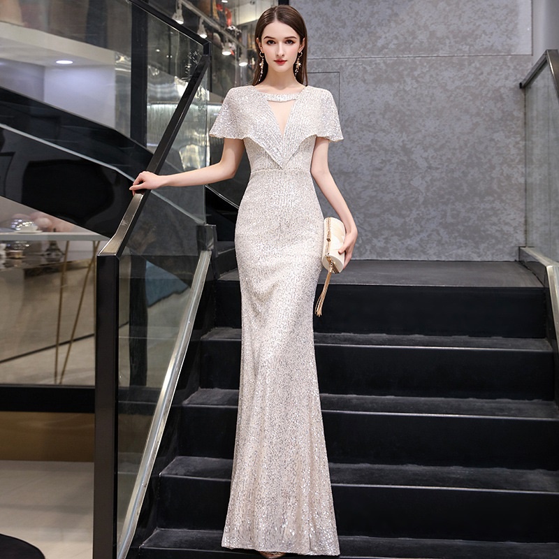 Elegant Silver/Golden Sequin Banquet Evening Dress Sexy Flying Sleeve V Neck Slim Fishtail ...