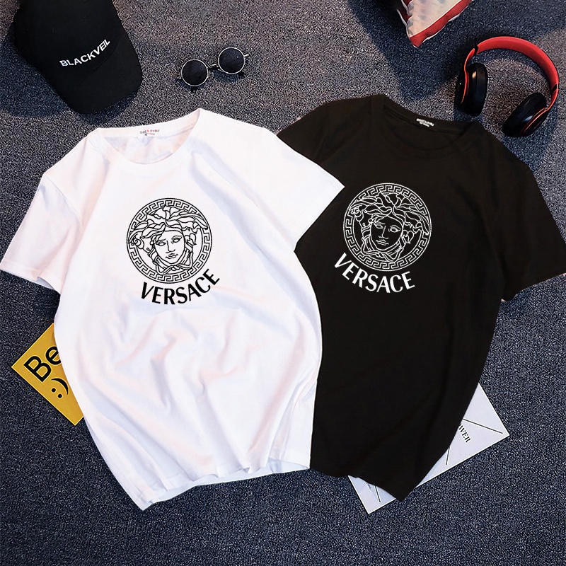 Couple T Shirt Versace Summer Korean Style Unisex Short Sleeve Men Women White Black Tshirt Man Plus Size Oversize Top Shirt Woman Loose Sport Cotton