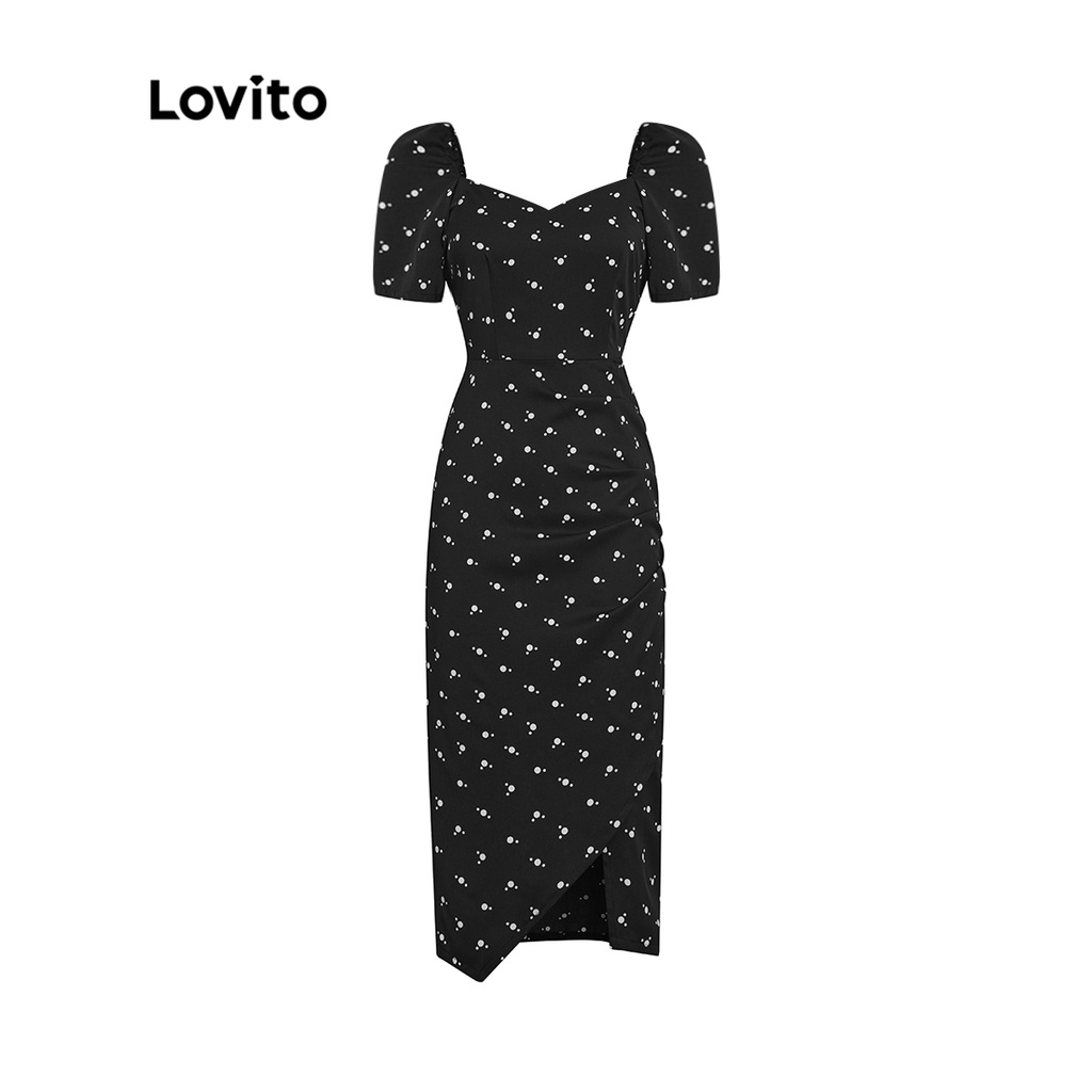 Lovito Elegant Polka Dot Ruched Split Puff Sleeve Square Neck Dress for