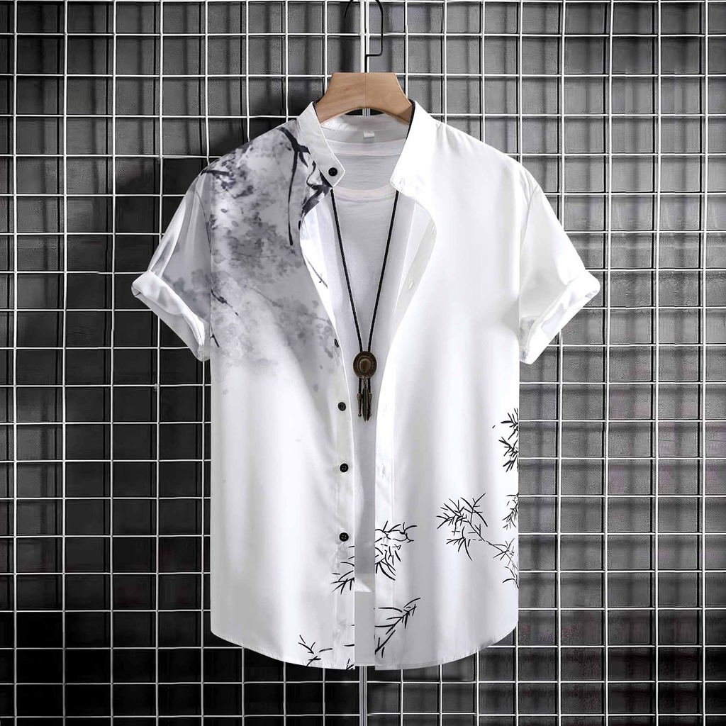 New Men's Chinese Style Stand Collar Short Sleeve Button Cotton Solid ...