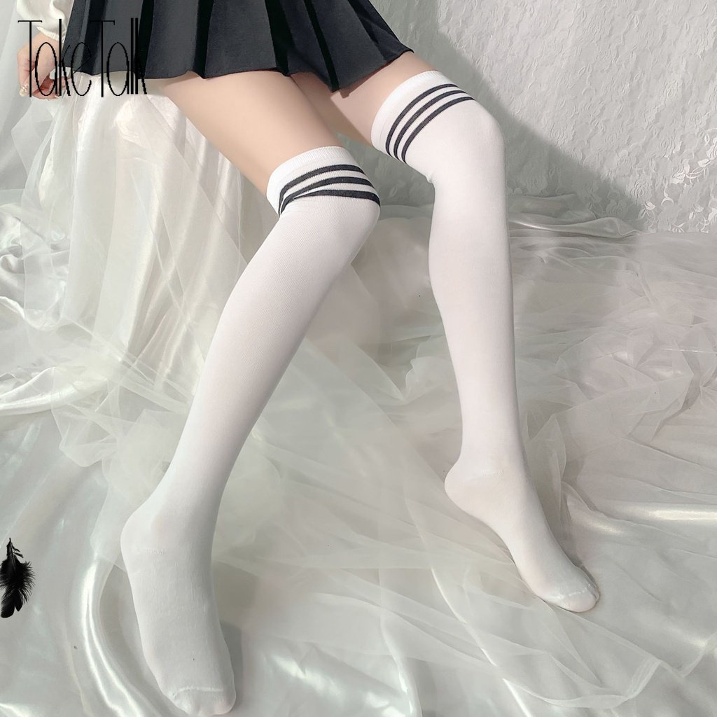 Sexy Black White Striped Long Socks Women Over Knee Thigh High