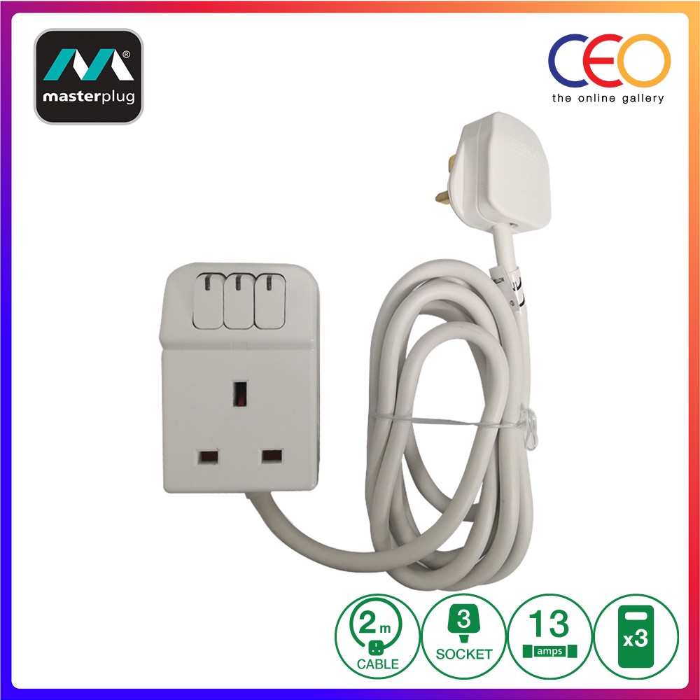 Masterplug Switched Individual Power 3 Gang 2 Meter 13amp Extension