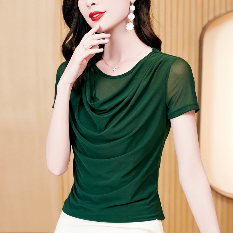 New Fashion Summer Women T shirt Swing Neck Solid Solid Mesh Tops Short ...