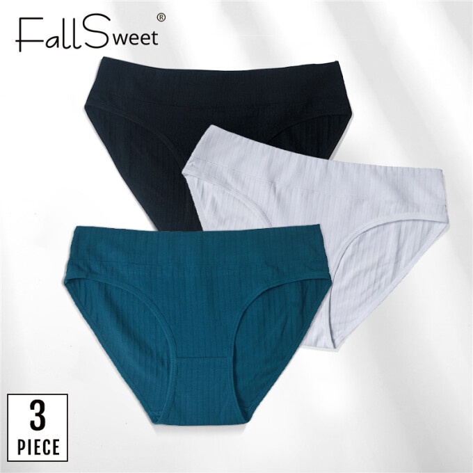 FallSweet 3PCS Women Cotton Panties Mid Rise Briefs Plus Size Panty Sport  Underwear Solid Color Lingerie