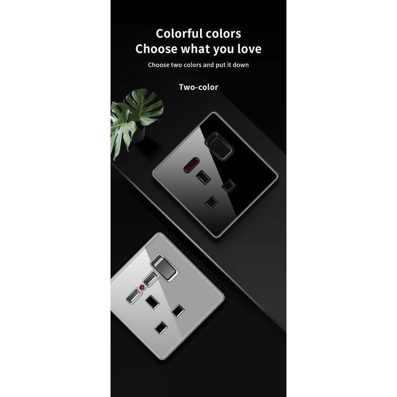 Lejia wall glass panel switch 13 amp socket with USB black suiz on off ...