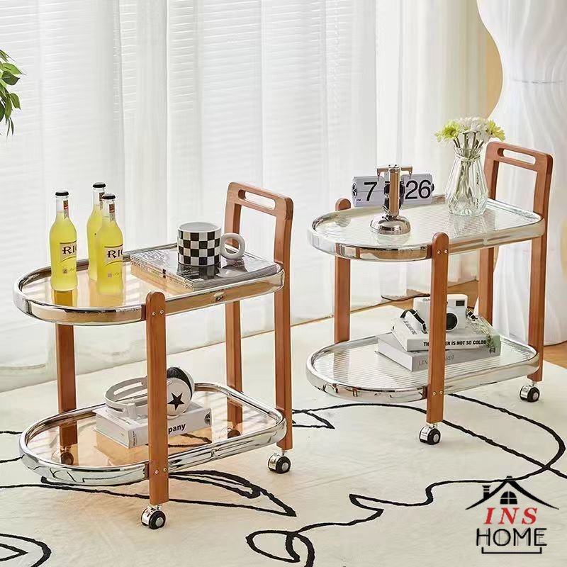 Trolley Coffee Table With Wheels Glass Solid Wood Shelf Removable Sofa