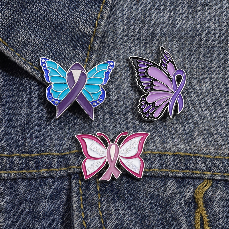 Pink Purple Butterfly Ribbon Alloy Badge Breast Cancer Awareness Month