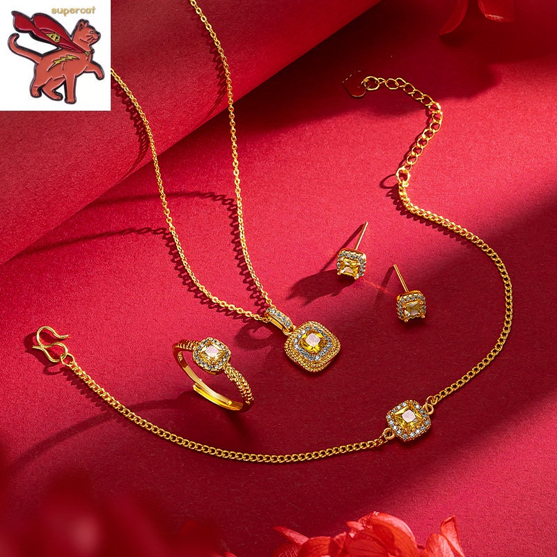 (4piece set) 18K Saudi Gold Pawnable Small Square Sugar Yellow Diamond