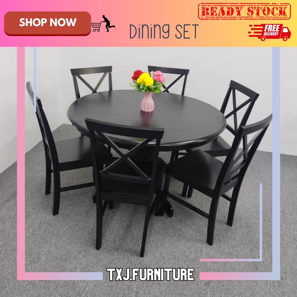 READY STOCK ️ TXJ 4ft ROUND TABLE DINING CHAIR SET 6 SEATER BLACK / SET