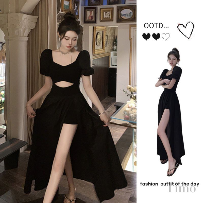 Women Clothing Arrival Short Skirt Sexy Slit Long Sleeve Square Neck High Waist Long Sleeves Dress