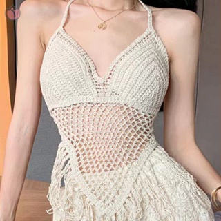 Swimsuit Crochet Knitted Tunic Beach Tassels Beachwear Top Sexy