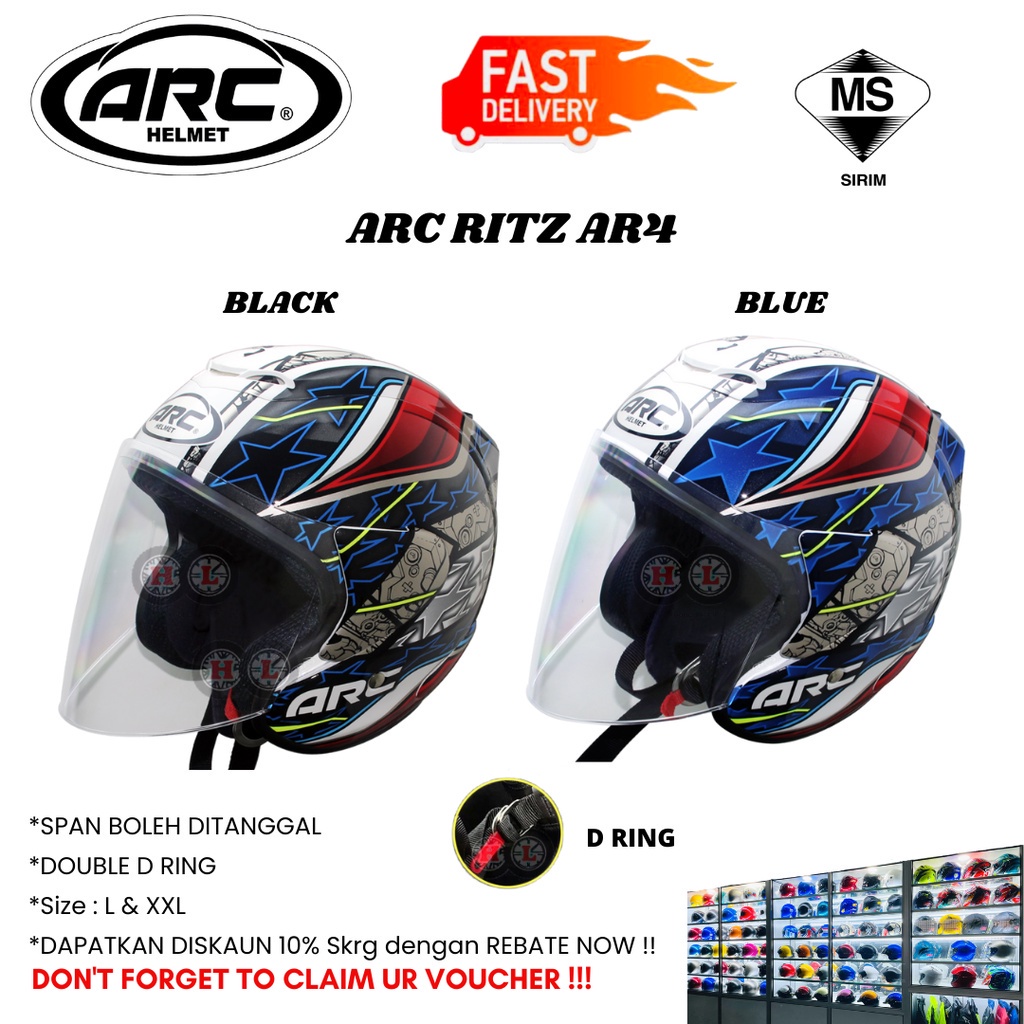 ARC RITZ AR4 STAR BLUE / BLACK OPEN FACE HELMET ORIGINAL ( HELMET ARC ...