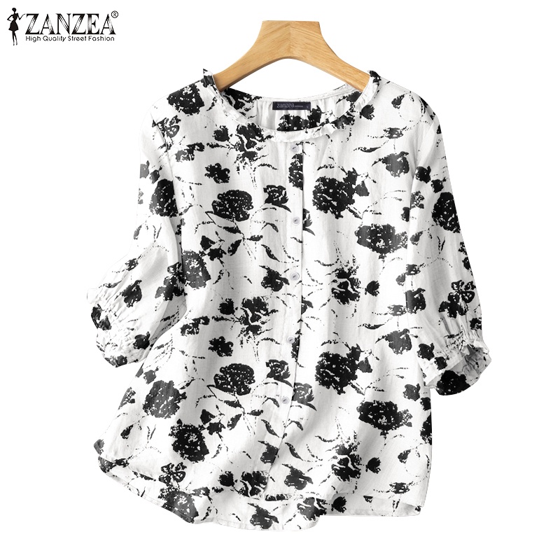 ZANZEA Women Korean Daily Round Neck Neckline Wood Ear Hem 3/4 Sleeve ...