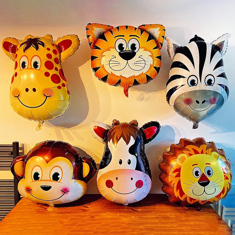 6 medium sized jungle animal birthday balloons, monkeys, lions, tigers