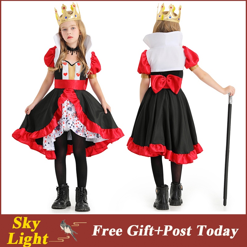 Halloween Costume Red Queen Poker Print Dress Alice In Wonderland Queen Of  Hearts Character Performance Dress