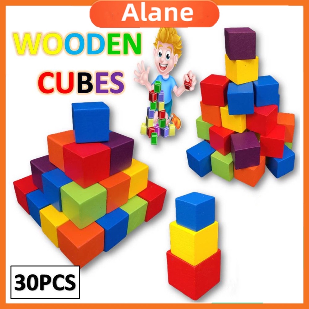 30pcs 3cm Wooden Cubes Early Learning Maths Building Block Bangunan