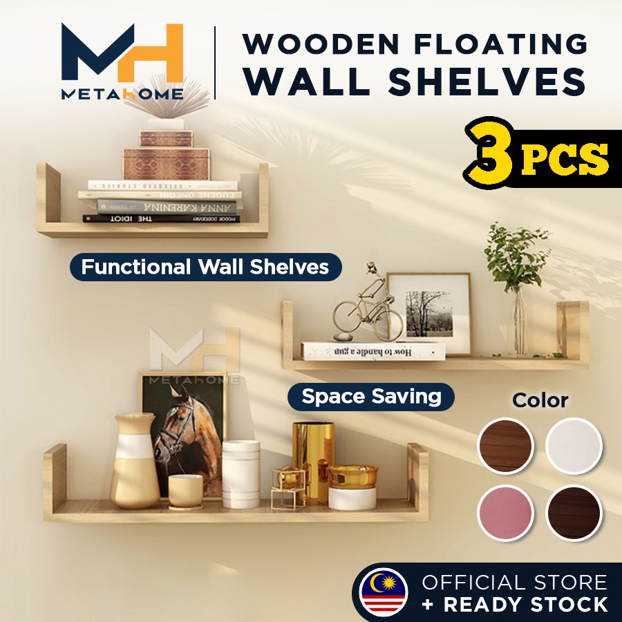 Rak Dinding Kayu MetaHome 3pcs Wooden Floating Wall Shelves U-Shape ...