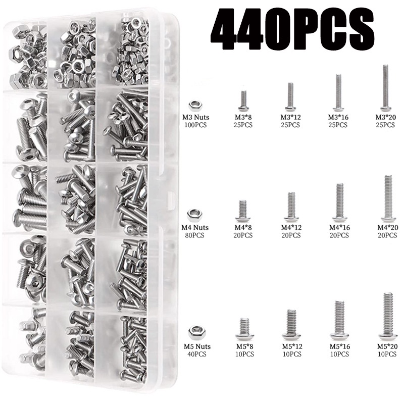 440pcs Hex Button Socket Head Cap Screw Nut Hexagon Metric Thread Machine Bolt Assortment Kit 