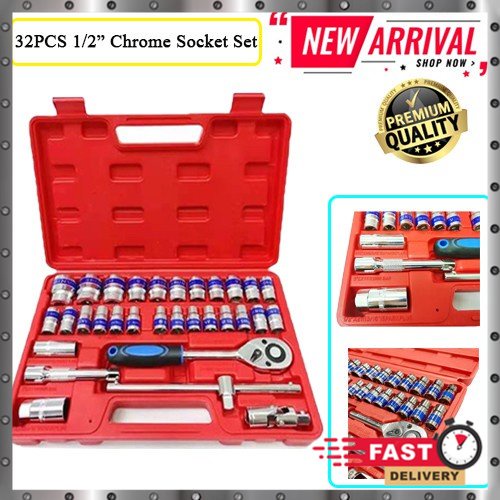 32pcs 1/2" Inch Drive Chrome Socket Set Ratchet Set Spanner Box Spanner