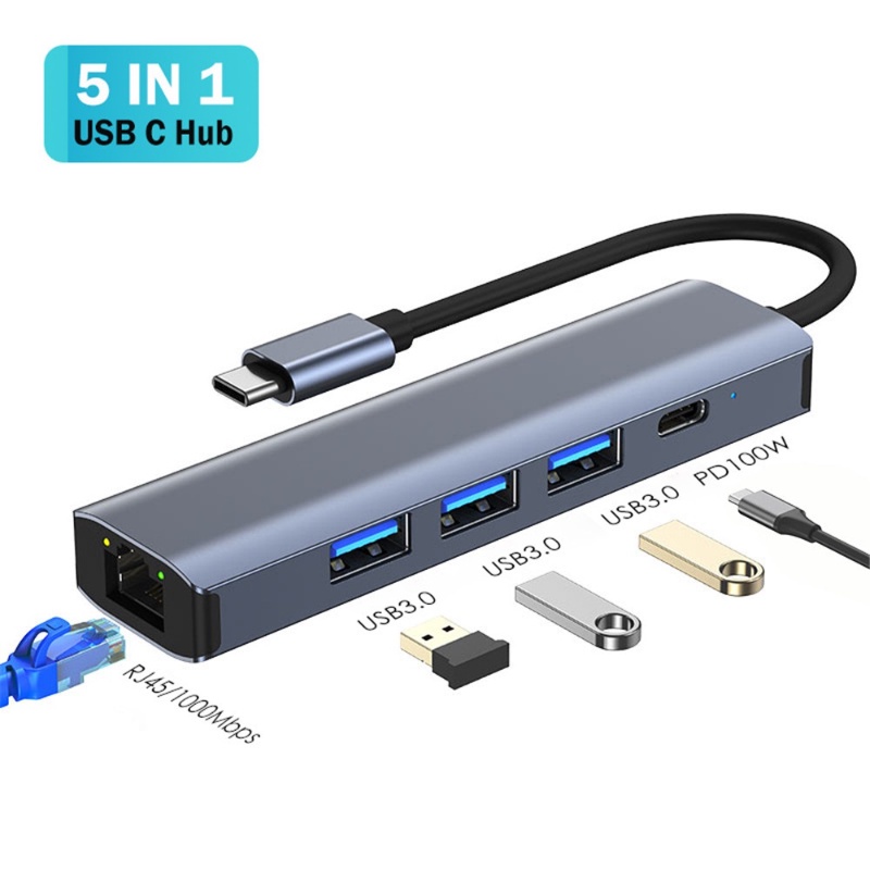 5 IN 1 USB C Hub With USB 3.0 1000Mbps RJ45 Ethernet Network ...