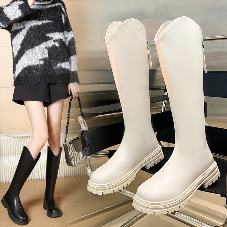 Long Leather Boots Thick Soles Back Zipper Knight Boots for Ladies ...