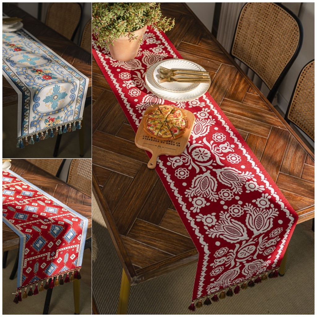 Chinese Style Geometric Red Jacquard Table Runner New Year Home Decor