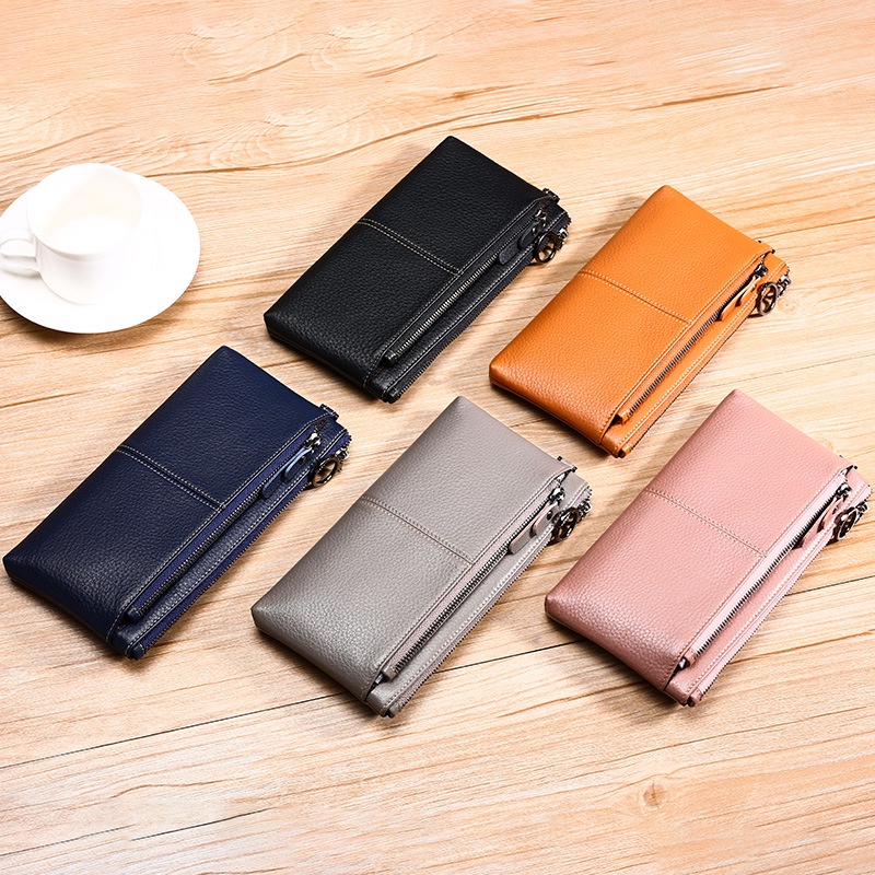GENODERN Top Layer Leather Lady's Clutch Bag Wrist Strap Zipper Mobile