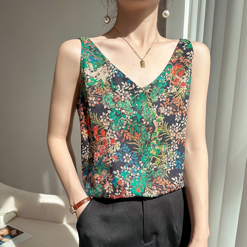 Women's Summer Elegant Silk Sleeveless Vest Top V-neckline Flowy ...