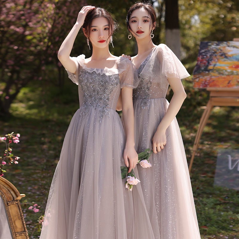 Grey Bridesmaid Dress New Summer Wedding Simple Sisters Evening Gown ...