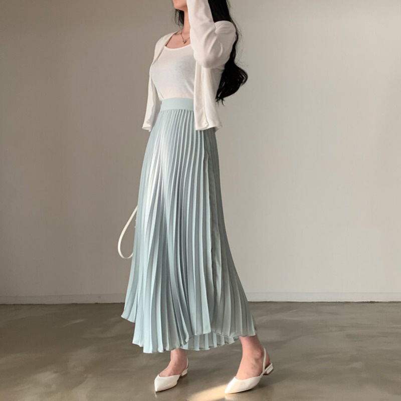 Korean style women's solid color pleated half skirt a line high waist