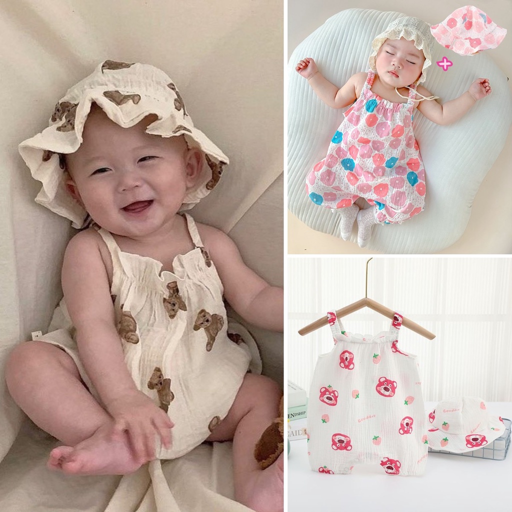 INS Style Summer New Arrivals Baby Boys Girls Gauze Romper + Hat Suit 0