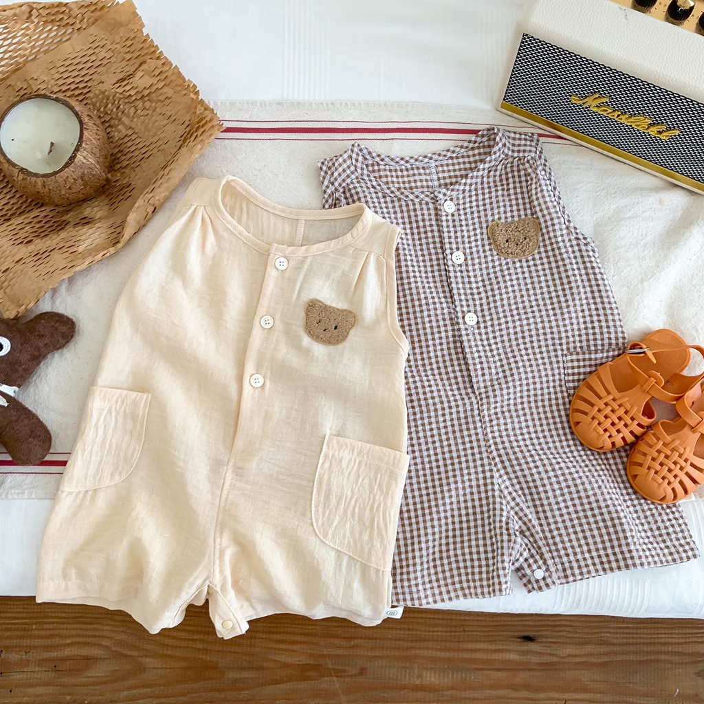 Summer Baby Boy Jumpsuit Sleeveless Plaid Infant Jumpsuit Bear Baby