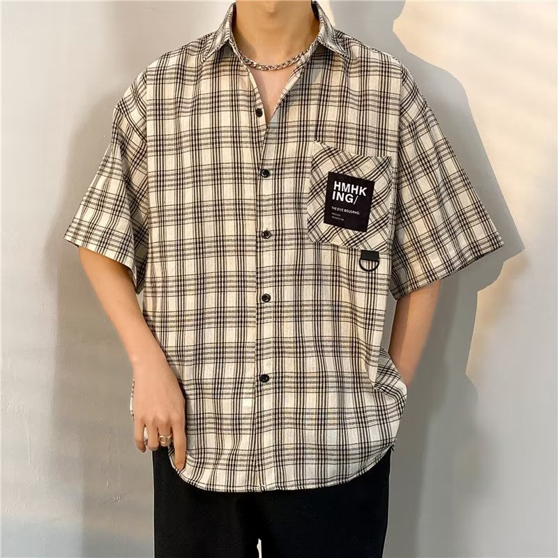 Japanese Fashion Popular Style Man Plaid Shirt Oversized Unisex Printed  Casual Short Sleeve Shirt