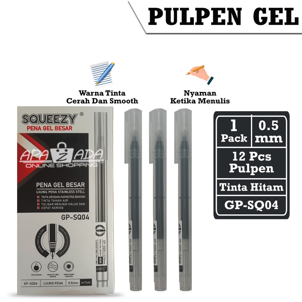 Hitam Apazada - Gel Pen Black Ink Gel Pen 0.5mm [1 Pack - 12pcs Pens 