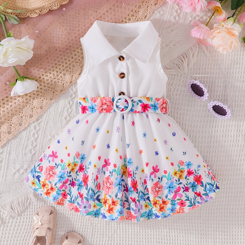 Dress Baby Girl Newborn 3-36 Months Baju Gaun Budak Perempuan Murah Summer  Sleeveless Cute Floral belt Fashion Kids Princess Button Dresses Kanak  Kanak Perempuan