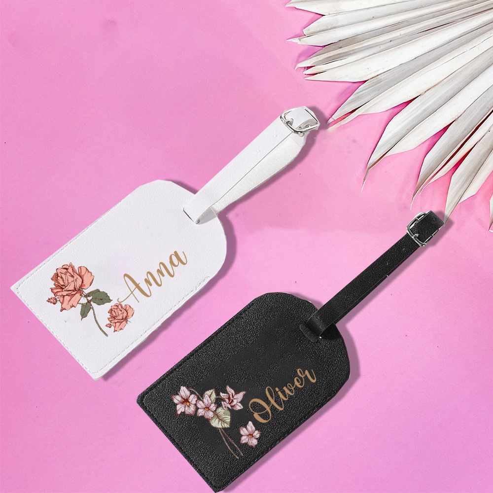 Personalised Luggage Tag Custom Birth Flower with Name Leather for ...