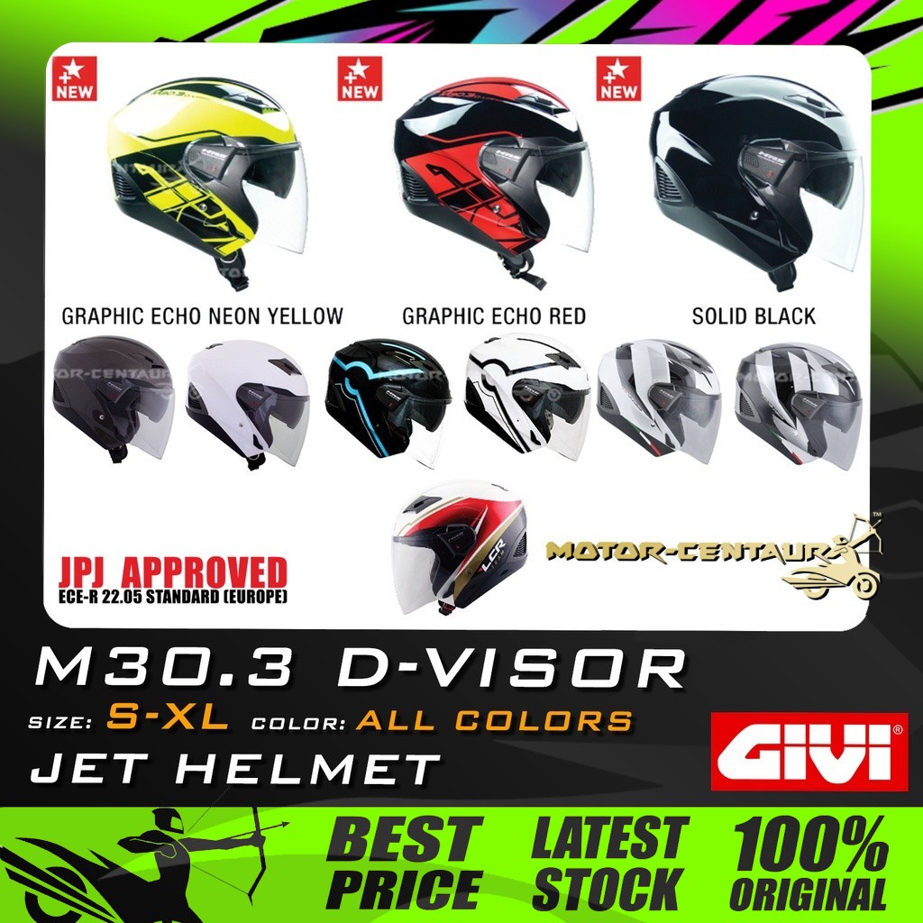 TOPI KELEDAR GIVI JET HELMET M30.3 DVISOR SOLID BLACK/WHITE, ECHO RED