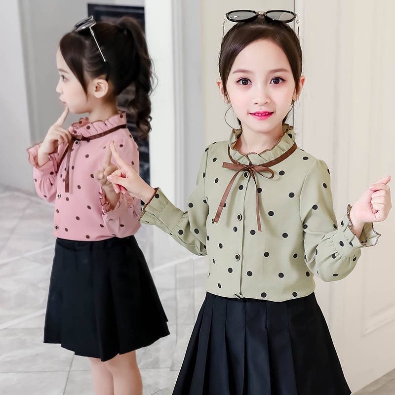2023 Kids Girl Blouse Polka Dot Blouse Chiffon Long Sleeve White Blouse