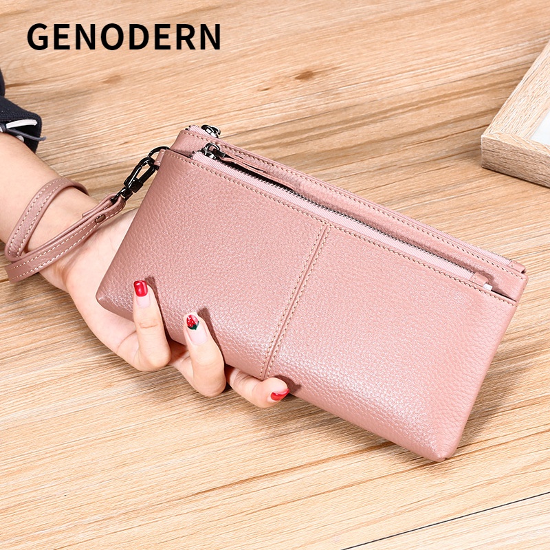GENODERN Top Layer Leather Lady's Clutch Bag Wrist Strap Zipper Mobile