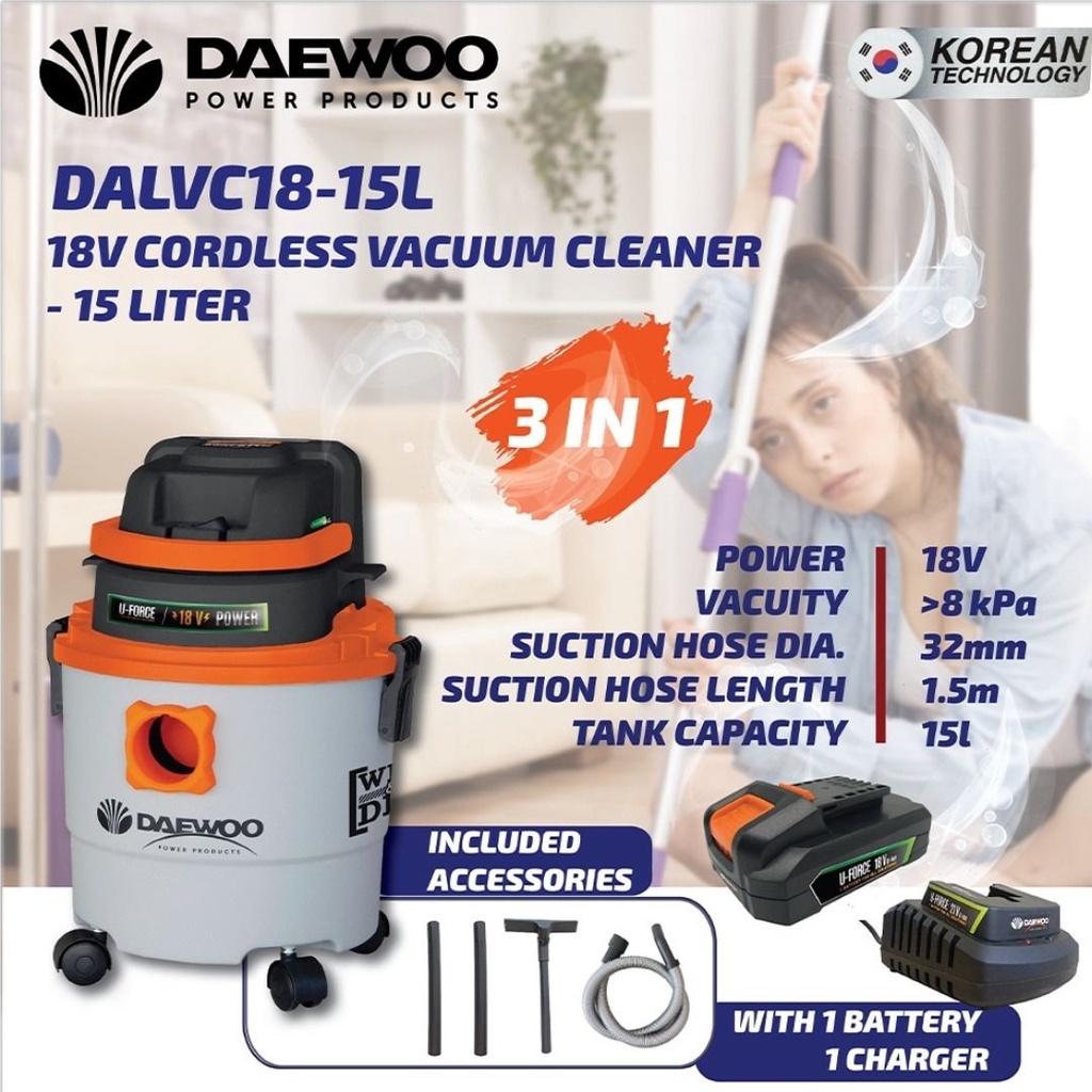 Daewoo DALVC 18V 15liter Cordless Wet & Dry Vacuum Cleaner Shopee