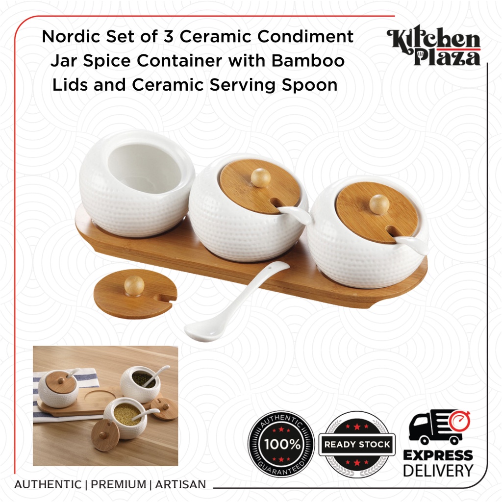 Nordic Set of 3 Ceramic Condiment Jar Spice Container with Bamboo Lids ...
