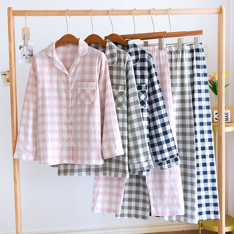 [Ready stock]Women & Men 100% Cotton Gauze Long Sleeve Trousers Plaid ...