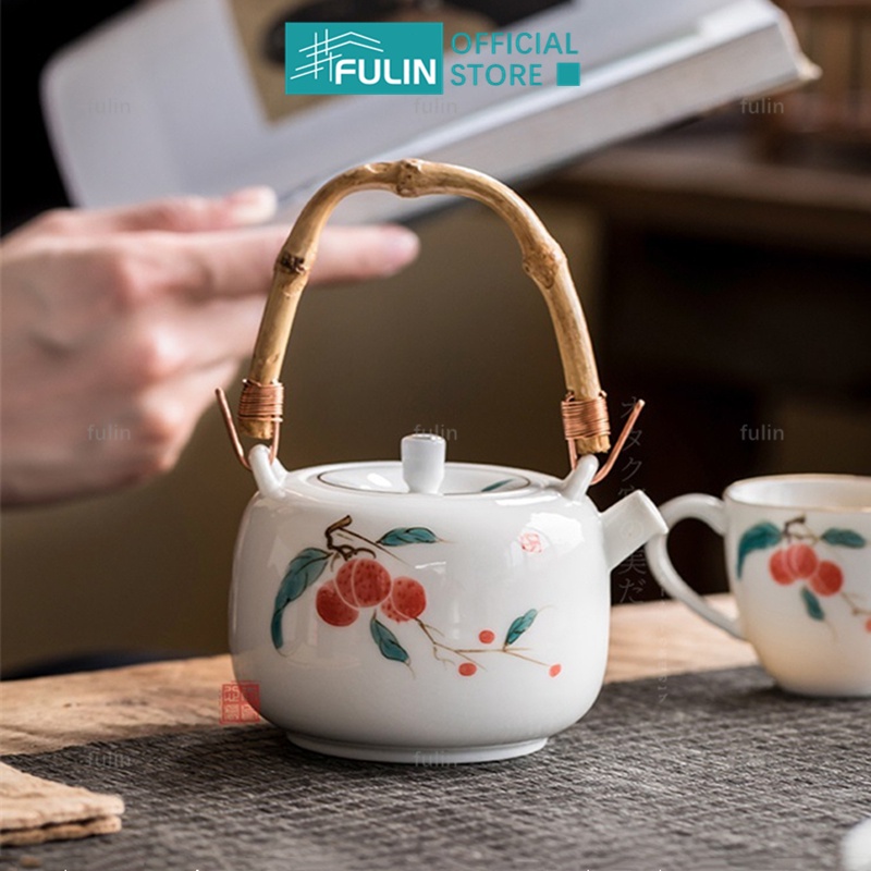 Handpainted Lotus Teapot Bamboo Handle Ceramic Teapot Kung Fu Teapot