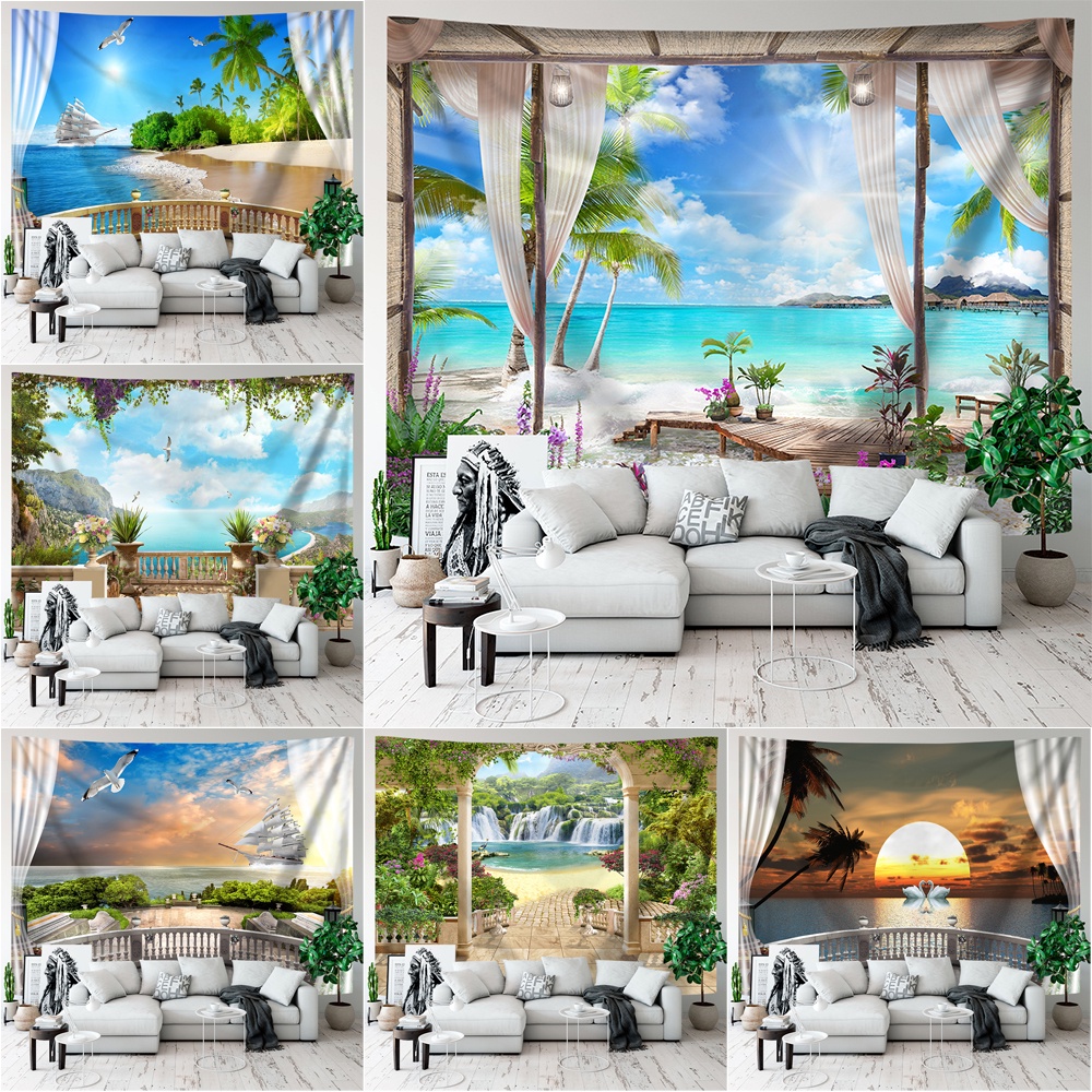 3D Window Scenery Wall Tapestry with Clips Polyester Tapestries Bedroom