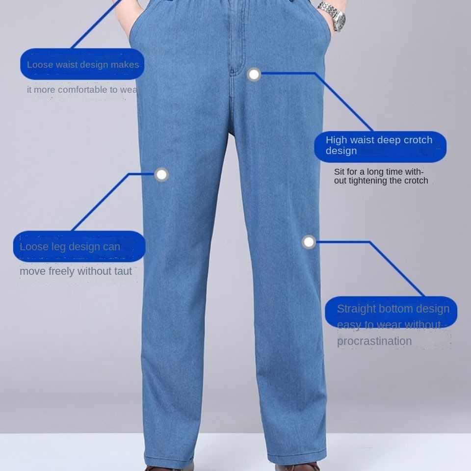 Casual Dad Elastic Waist Stretch Jeans Loose Middleaged Elderly High