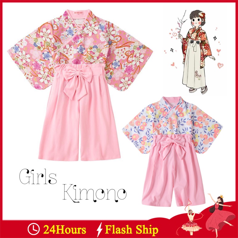 Girls Spring Long Sleeve Pink Japanese Kimino Flower Yukata For 3-8Y ...