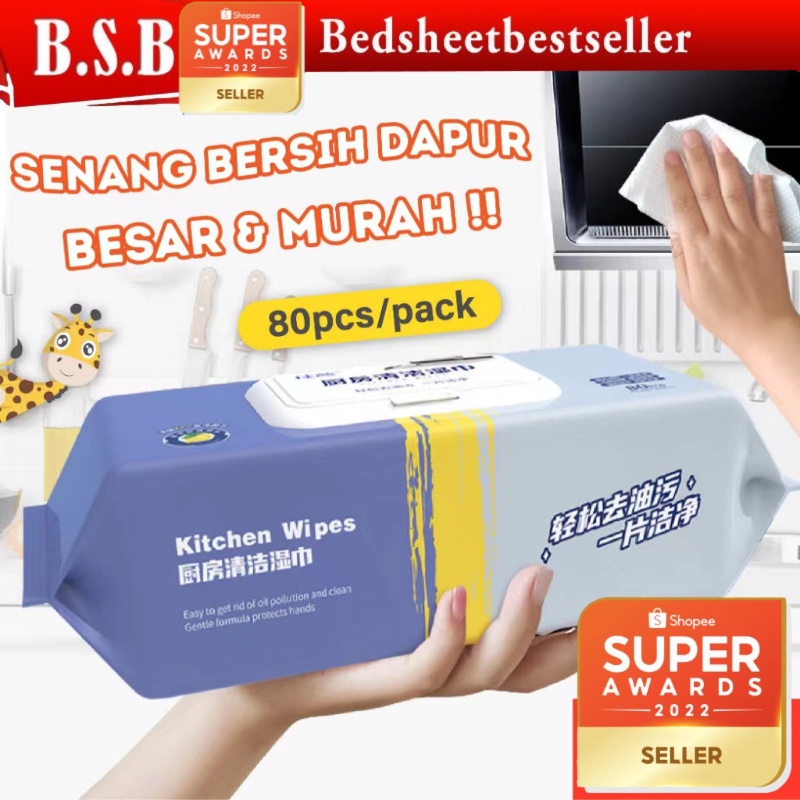 B.S.B 80pcs Kitchen Cleaning Wipes Strong Decontamination Kitchen Wipes Degreasing Lap Pembersih