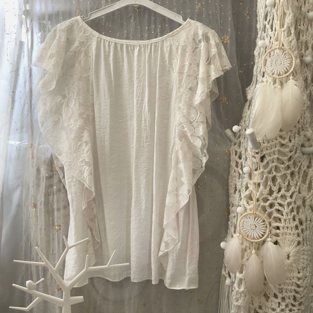 Romantic Ruffle Floral Lace Sleeve White Blouse (L) Baju Labuh Wanita ...